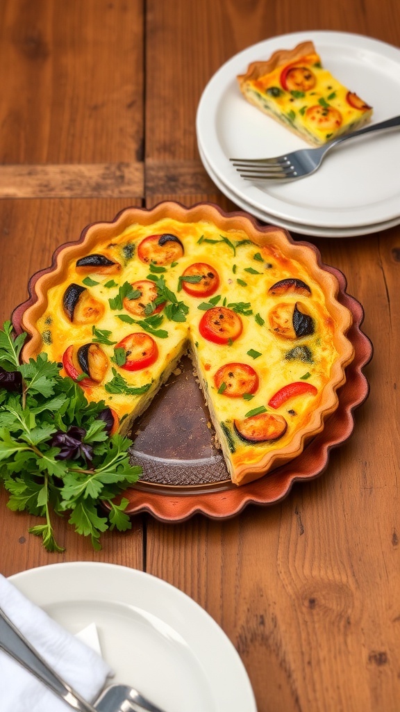 Savory Quiche for a Crowd Recipe A golden quiche with vegetables and cheese, sliced into wedges on a wooden table, garnished with herbs.